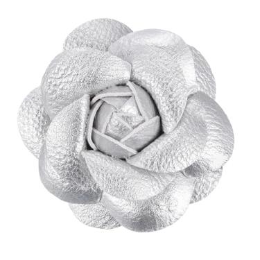 Imagem de Grampos de cabelo de flores, broche floral de camélia, broche de flor de couro feito à mão, para mulheres, noiva, chapéu, camisa, prata