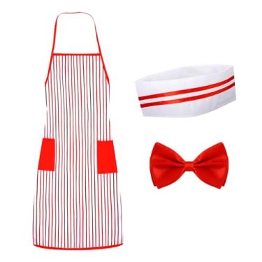 Imagem de Kit de fantasia de garçom da década de 1950, fantasia de soda Jerk inclui avental listrado vermelho e branco chapéu de chef, gravata borboleta, carnaval para festas de cosplay noturnas de filmes