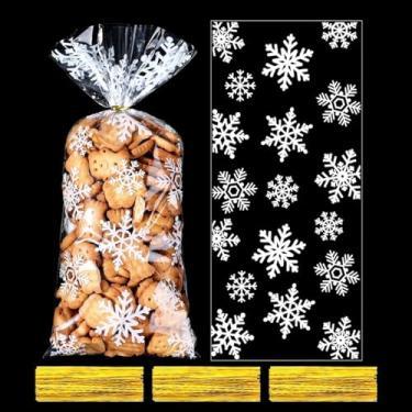 Imagem de Saco de celofane, saco de presente de plástico, saco de biscoito transparente com laço torcido, adequado para aniversário, festival, embalagem de presente de festa 12,7 x 30,5 cm (flocos de neve de