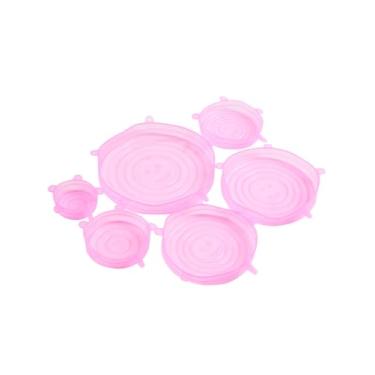 Imagem de Pacote com 6 tampas elásticas de silicone, capas reutilizáveis para armazenamento de alimentos - Segura para micro-ondas, freezer e lava-louças, rosa