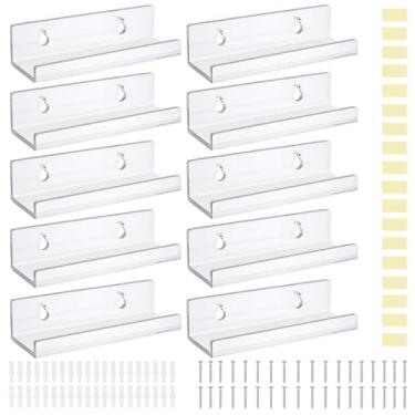 Imagem de Suporte de parede para estante de disco de vinil com parafusos e fita, 10 peças, suporte de disco de acrílico flutuante transparente de 10 cm para armazenamento diário de livros Lp Cd, decoração de