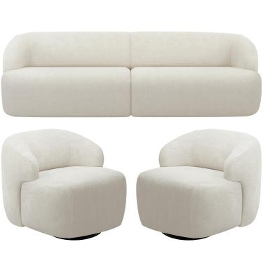 Imagem de Sofá 4 Lugares Curvo Orgânico com 02 Poltronas Para Sala Living 280cm Barolo L06 Bouclê Off White - Lyam Decor