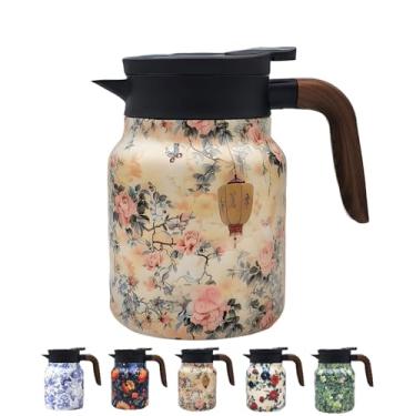 Imagem de Garrafa térmica de chá com padrão floral vintage, 1 litro - Chaleira para garrafa térmica de aço inoxidável quente e frio, bule de chá vintage com infusor, adequado para uso em festa/família (flor