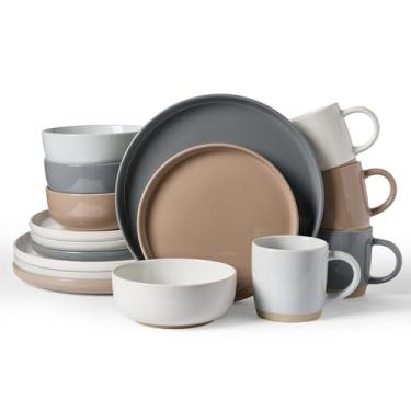 Imagem de Famiware Conjunto de louça Milkyway com canecas, serviço para 4 (16 peças), conjuntos de pratos e tigelas de grés canelados, resistente a lascas e arranhões, seguro para micro-ondas e lava-louças