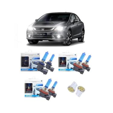 Imagem de Kit Lâmpadas Super Branca 8500k Farol Alto Baixo e Milha + Pingos Honda New Civic 2012 à 2014