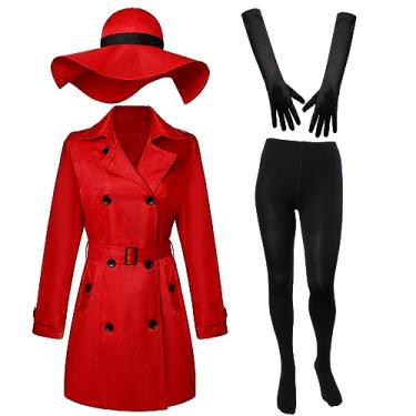 Imagem de Crowye 4 peças de fantasia de Halloween Sandiego para mulheres adultas sobretudo vermelho com chapéu luvas e meia-calça (Médio)