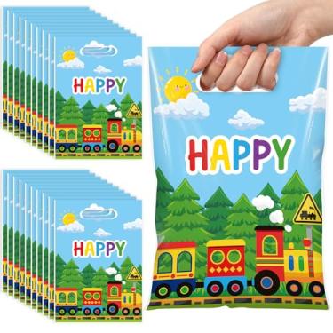 Imagem de Hillban 100 peças de sacos de lembrancinha de festa de trem, sacos de presente de transporte com alças cortadas em matriz, embalagem de plástico para doces de trânsito ferroviário, tema de trem