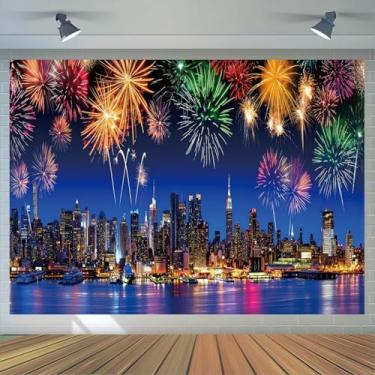 Imagem de Pano de fundo de feliz ano novo, 2,1 x 1,5 m, brilhante, fogos de artifício, véspera de ano novo, para fotografia, decorações de festa de 2026, faixa de Natal e ano novo, adereços de cabine de fotos