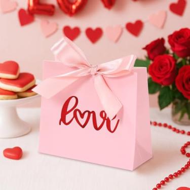 Imagem de 10 caixas de presente de laço, sacos de presente rosa para dia dos namorados com fita estampada a quente, caixa de doces, bolsa de agradecimento para lembrancinhas de festa da Barbie, casamentos