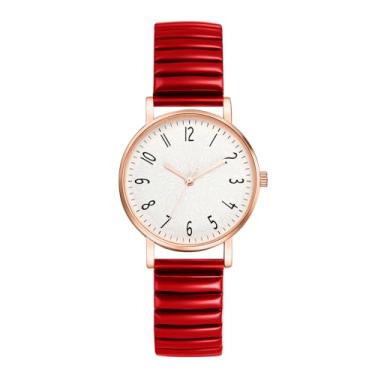 Imagem de JewelryWe Relógios elásticos femininos de fácil leitura, redondo, analógico, quartzo, pulseira elástica, relógio de pulso para Natal, Vermelho