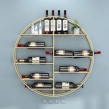 Imagem de Prateleira de vinho de metal montada na parede, prateleira de armazenamento de garrafa de vinho redonda e taças, suporte de taça de vinho pendurado, prateleiras organizadoras flutuantes de cozinha