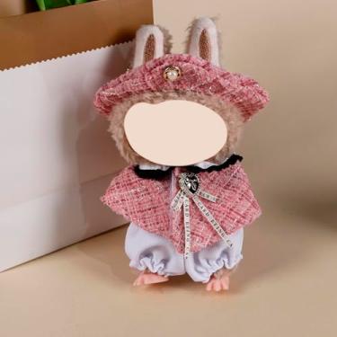 Imagem de Compatível com Labubu (sem boneca) - Boina de tweed rosa + capa + conjunto de flores brancas para bonecas de pelúcia de 15 cm/17 cm, roupa de boneca elegante (Tweed rosa)