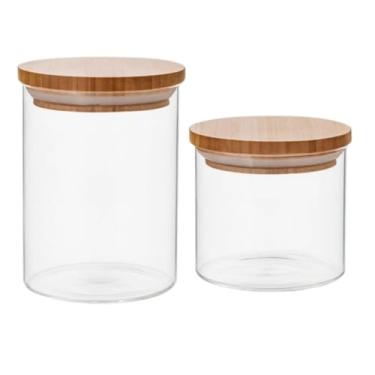 Imagem de Kit 2 Potes de Vidro Circular Hermético, Tampa de Bambu, Borossilicato, Vedação em Silicone, Multiuso para Alimentos Secos, 500ml, 800ml