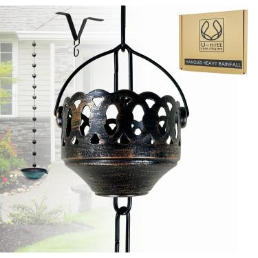 Imagem de Coletor de água de corrente de chuva para calhas, coletor e desviador de água da chuva, correntes de 8,5 pés para jardim externo, copos de cobre antigo, calha de telhado, funciona com chuva forte, com