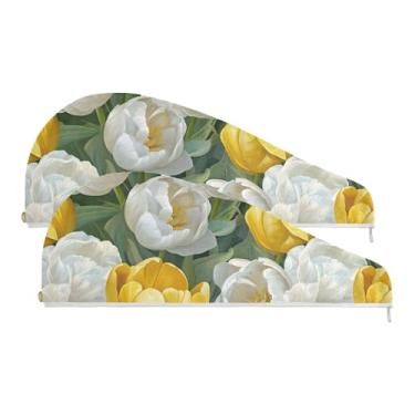 Imagem de SEHANY Toalha de cabelo de microfibra de flores coloridas elegantes para mulheres, 2 peças, turbantes de cabelo de secagem rápida com botão, touca de cabelo seco absorvente toalha de secagem de cabelo