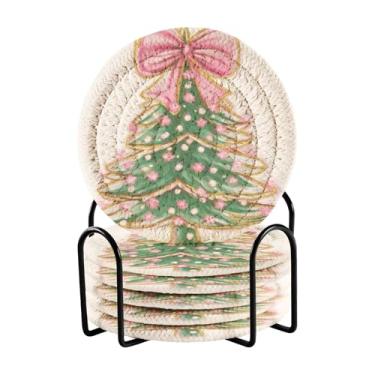 Imagem de Blueangle Porta-copos de 6 peças de árvore de Natal com laço rosa - tecido redondo super absorvente para proteção de mesa e decoração de casa (186)