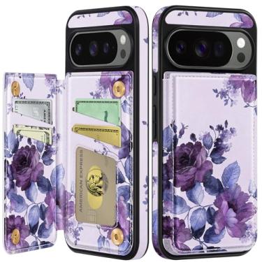 Imagem de Shorogyt Capa carteira para Google Pixel 10 Pro XL com suporte para cartão - Design de flor roxa com suporte para fecho magnético traseiro Flip Folio Capas de telefone de couro para Pixel 10 Pro XL