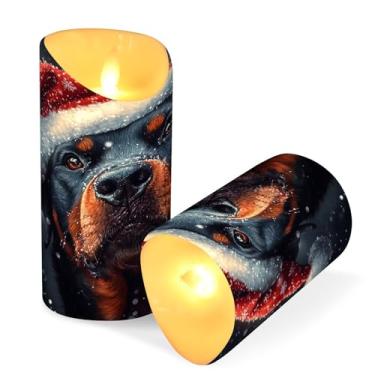 Imagem de Blueangle Pacote com 2 rottweiler em um chapéu de Natal velas sem chama com controle remoto e temporizador, velas LED cintilantes (7,6 cm x 15 cm) para decoração de casa, casamento, acampamento (798)