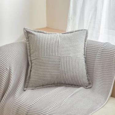 Imagem de Capas de almofada decorativas de veludo cotelê cinza claro de 45,72 cm x 45,72 cm, capa de almofada quadrada de patchwork macio para sala de estar, sofá, cama, decoração de casa de fazenda, pacote com