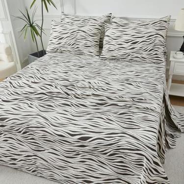 Imagem de FADFAY Conjunto de lençóis Queen com estampa de zebra 4 peças – 100% algodão macio, durável, borda de chocolate e design de emenda, lavável na máquina