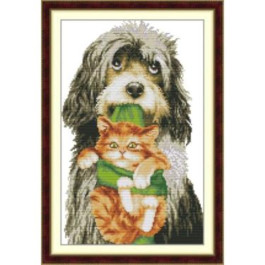 Imagem de CrossNest Kit de ponto cruz de contagem de animais de 14 quilates para iniciantes, conjunto completo de bordado DIY não impresso com padrão e ferramentas, pano Aida premium e fios (Cão com gatinho)