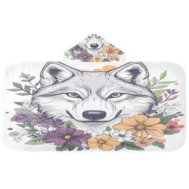 Imagem de Burbuja Wolf Art Toalha de banho com capuz para crianças, toalha de praia de pelúcia macia absorvente para meninas e meninos 3-10 anos, 61 x 127 cm