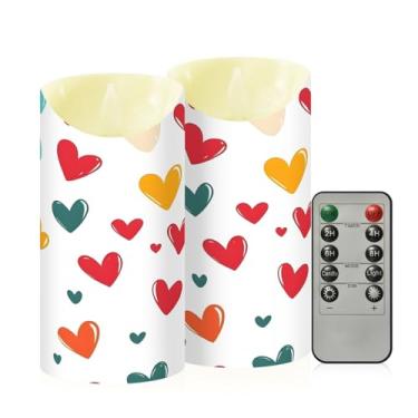 Imagem de Wassud Pacote com 2 velas coloridas sem chama com padrão de coração com controle remoto, velas realistas cintilantes com temporizador, velas decorativas para Natal, casamento, festa, decoração de casa