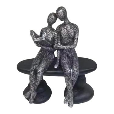 Imagem de XLWLLNJ Estátua de Casal Lendo, Figura de Mesa, Presente, Escritório, Estatueta de Pensador, Escultura de Arte em Resina para Armário, Preto Prateado