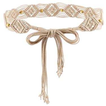 Imagem de CRASPIRE Cinto feminino com franja trançado boho trançado trançado de algodão trançado trançado feito à mão macramê longo corrente decorativa com nó com miçangas para vestidos femininos, saias