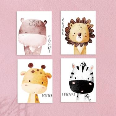 Imagem de 4 peças de decoração de parede de animais fofos de desenho animado, sem moldura, colorido, safári, animal, pintura, pôster, arte para paredes, decoração de parede motivacional, impressões modernas