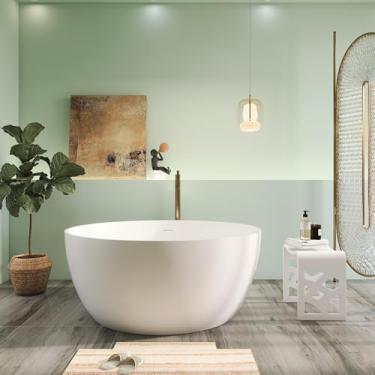 Imagem de Higeine Banheiras independentes de superfície sólida redonda premium de 129,5 cm, banheira exclusiva de resina de pedra com transbordamento e drenagem pop-up, branco fosco