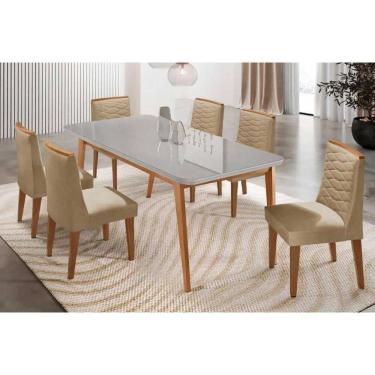 Imagem de Sala Jantar Mesa Havana Tampo c/ Vidro Curvo 180cm+6 Cadeiras Maldivas Madeira Naturale/Off White - Capuccino/Linho Bege - Rufato