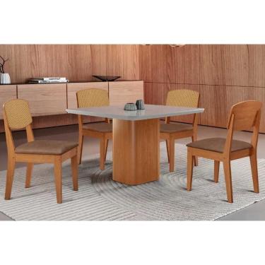 Imagem de Sala Jantar Mesa Maldivas Tampo c/ Vidro Curvo 90cm+4 Cadeiras Havana Naturale/Off White - Corano Capuccino - Rufato