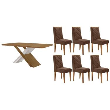 Imagem de Sala Jantar Mesa Imperatriz Tampo Curvo 180cm+6 Cadeiras Pietá Madeira Naturale/Off White - Capuccino/Suede Marrom - Rufato