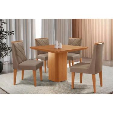 Imagem de Sala Jantar Mesa Maldivas Tampo Curvo 90cm+4 Cadeiras Pietá Madeira Naturale - Capuccino/Suede Capuccino - Rufato