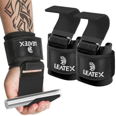 Imagem de Leatex Ganchos de levantamento de peso, alças de pulso, suporte de mão para levantamento terra, flexões, encolheres, alças de levantamento de peso para homens e mulheres (preto)