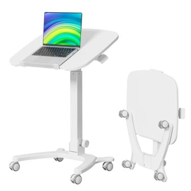 Imagem de JYLH JOYSEEKER Mesa móvel dobrável, mesa portátil para laptop de 68 cm x 53 cm com placa inclinável de 90°, mesa móvel ajustável em altura com rodas, mesa dobrável para escritório em casa, branca