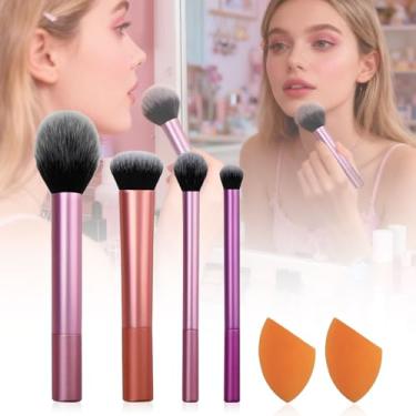 Imagem de Kit de maquiagem com 6 peças essenciais para o dia a dia, pincel profissional para sombra, conjunto de pincéis de maquiagem para mulheres adolescentes (rosa, roxo, 4 pincéis e 2 esponjas de maquiagem)