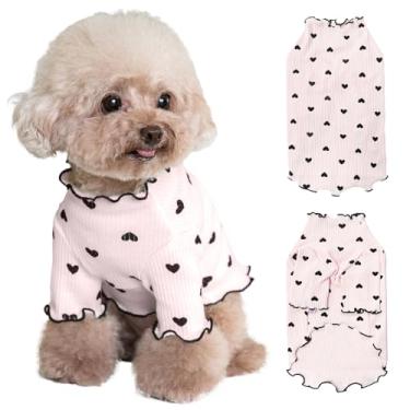Imagem de Yaopelky Roupas para animais de estimação para cães pequenos gato verão outono coração estampado camisa stretch babados roupas de manga comprida roupas para chihuahua schnauzer Shih Tzu Yorkie (rosa,