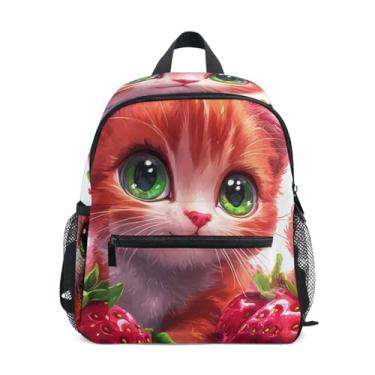Imagem de GAIGEO Cute Kitten Strawberry Cat Toddler School Backpack School Backpack for Girls with Front Pocket, Safety Whistle for Ages 3-8