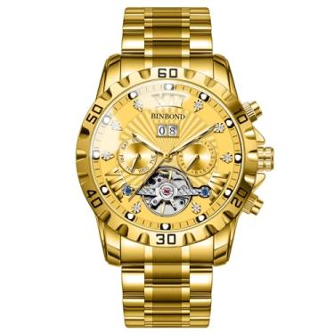 Imagem de DoniRudy Relógio masculino cronógrafo automático, relógio de pulso de aço inoxidável dourado de 45 mm com ponteiros luminosos, mostrador de data, resistente à água até 30 m, Dourado