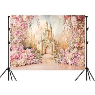 Imagem de Pano de fundo de castelo sonhador de princesa de 2,1 x 1,5 m, pano de fundo romântico rosa floral do país das maravilhas com castelo encantado e arco de flores, adereço de cabine de fotos para