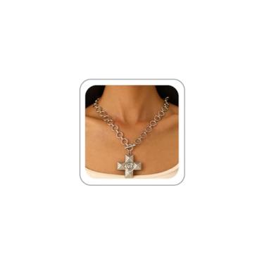 Imagem de BOOZIQ Colares grossos de cruz de ouro para mulheres, vintage, colar com pingente de cruz de pérola, ajustável, moderno, colares grossos, ousados, joias modernas, presente para mulheres, Large, Metal