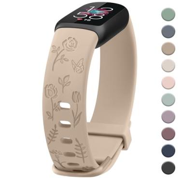 Imagem de Pulseira feminina com gravação floral, compatível com Fitbit Luxe, pulseiras esportivas macias de substituição para monitor de fitness e bem-estar Fitbit Luxe (chá de leite)