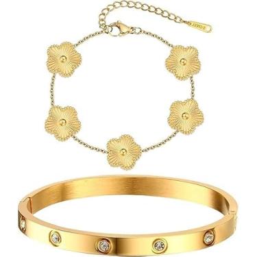 Imagem de Pulseiras femininas empilháveis de ouro floral - 2 peças, pulseira banhada a ouro 18K, pulseiras de aço inoxidável, conjunto de pulseiras de ouro, joias modernas, presentes de aniversário de Natal
