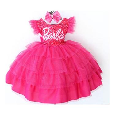 Imagem de Vestido Infantil Barbie Pink Luxo Com Tiara - Pingo De Gente Kids, Ros