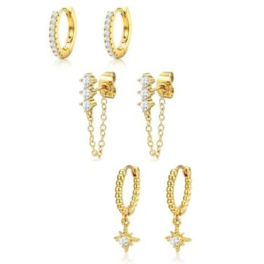 Imagem de ZELORES 3 pares de brincos de argola banhados a ouro 14K para mulheres, conjunto de brincos de argola com pingente de corrente moderna, cartilagem de hélice, brincos para vários piercings, Cobre
