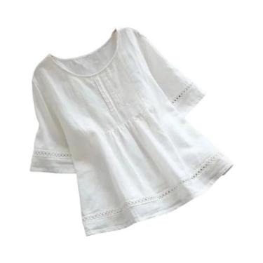 Imagem de Camisa Elegante Feminina De Algodão E Linho, Cor Sólida, Casual, Decot