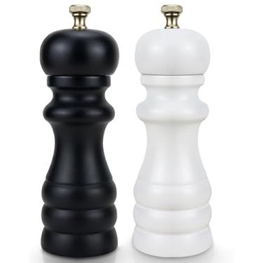 Imagem de Conjunto de 2 moedores de sal e pimenta, moedor de pimenta manual de madeira e moedor de sal com rotor de cerâmica grossura ajustável, saleiro e pimenteiro preto e branco recarregável para churrasco,