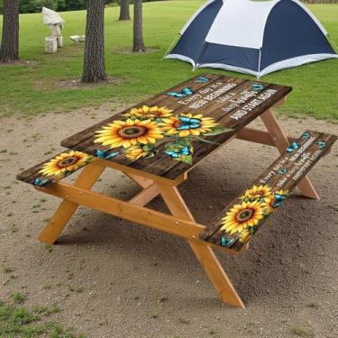 Imagem de Capa de mesa rústica de girassol para piquenique com capas de banco, capa de mesa reutilizável para acampamento, com elástico ao ar livre, à prova de vento, retangular, toalha de mesa e capas de